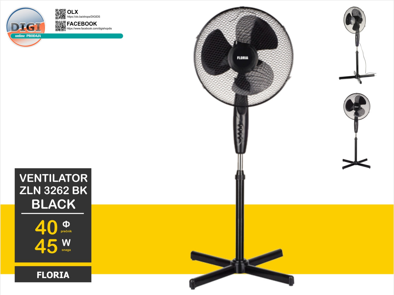 VENTILATOR ZLN3262 BK SA POSTOLJEM F40 45W FLORIA